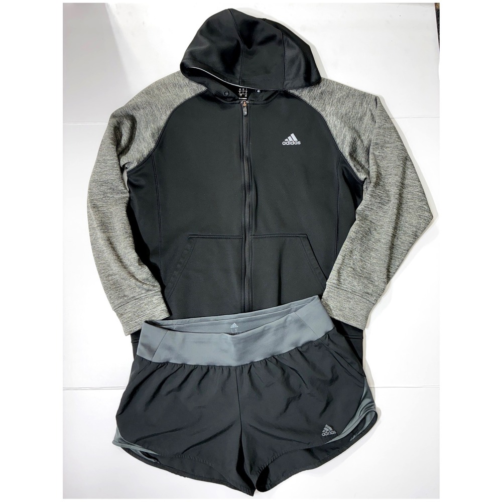 Adidas Bundle Womens Climawarm Full Zip Hoodie &‎ Running Shorts Set Black L